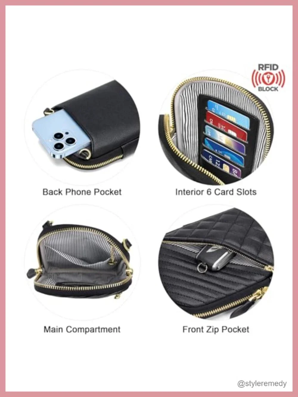 Vegan Leather Quilted Crossbody Bag with RFID Blocking Card Slots